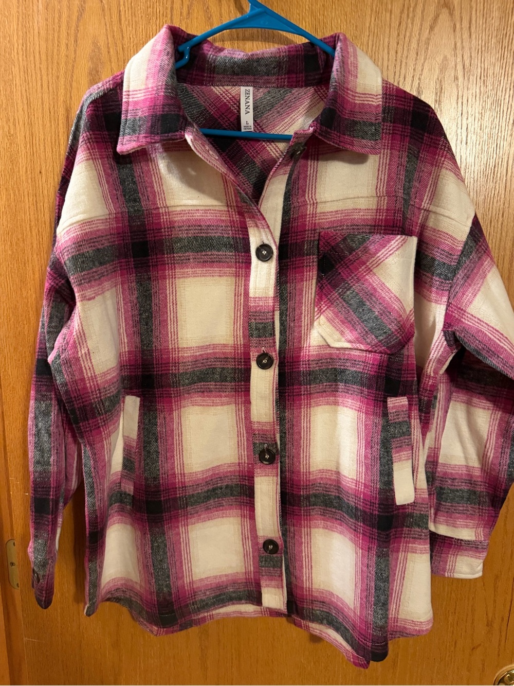 Zenana Outfitters Pink & Cream Plaid Utility Shacket